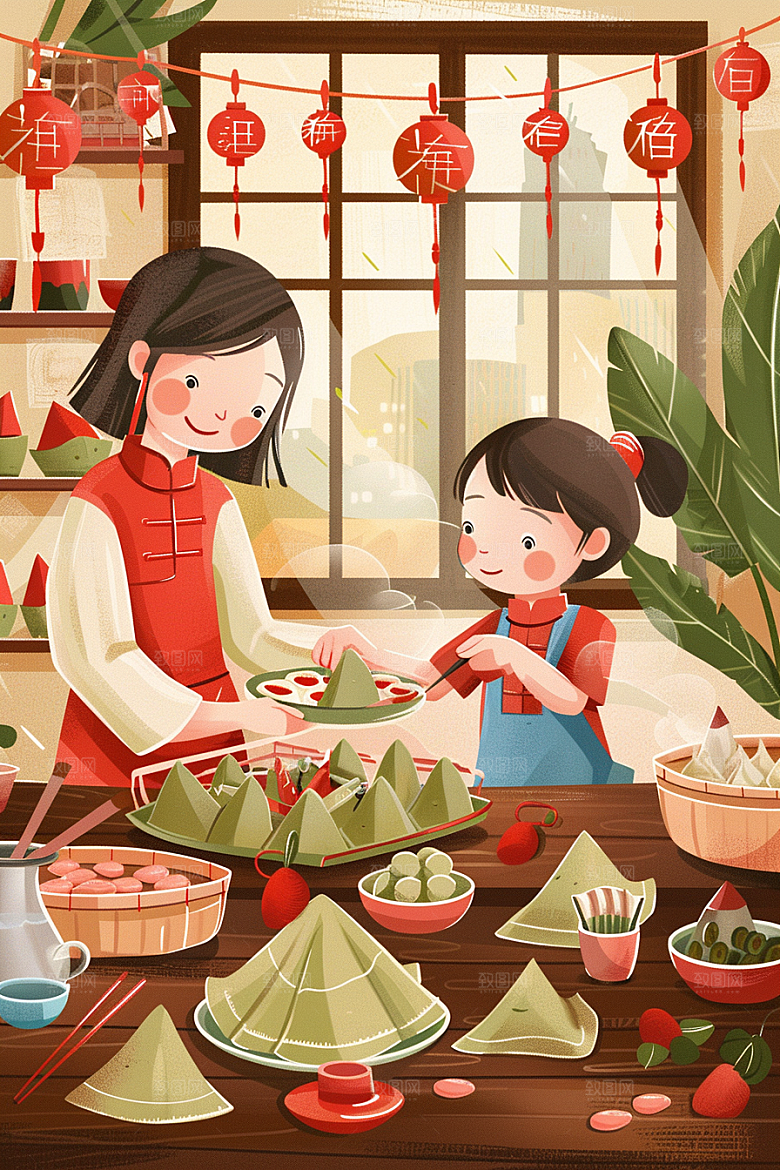 端午包粽子幸福阖家团聚插画