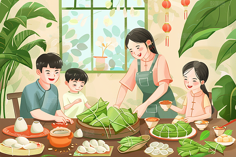 端午包粽子传统文化阖家团聚插画