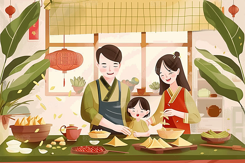端午包粽子幸福温馨插画