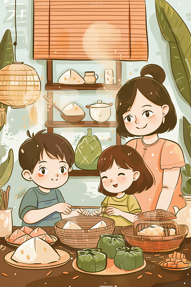 端午包粽子小吃传统文化插画