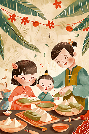 端午包粽子糯米传统文化插画
