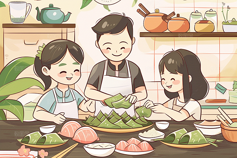 端午包粽子糯米节日氛围插画