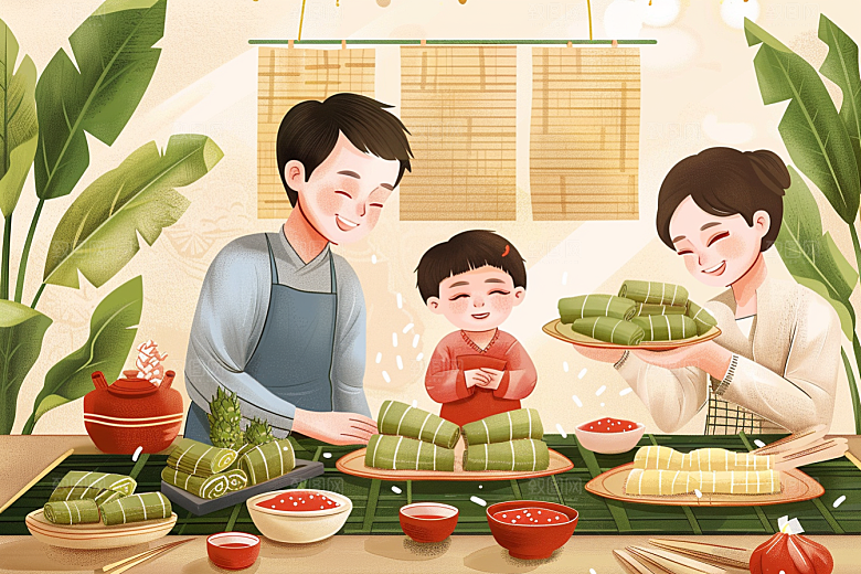 端午包粽子高清糯米插画