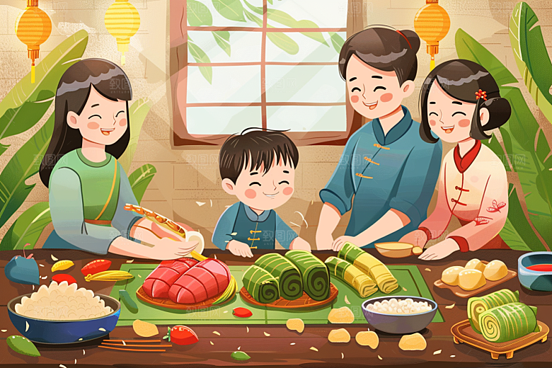 端午包粽子端午节美食插画