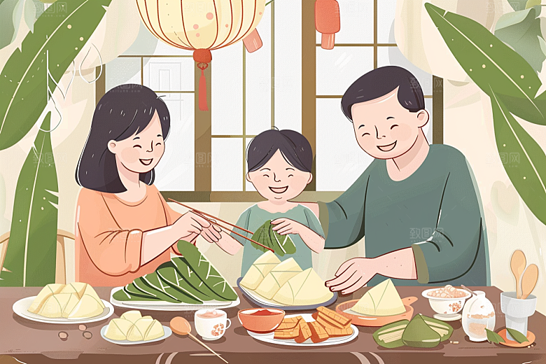 端午包粽子美食温馨插画