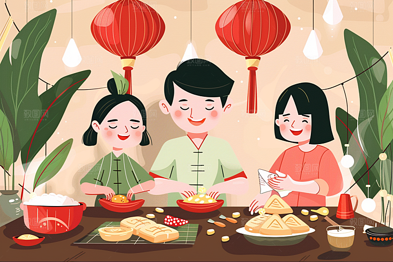 端午包粽子糯米温馨插画