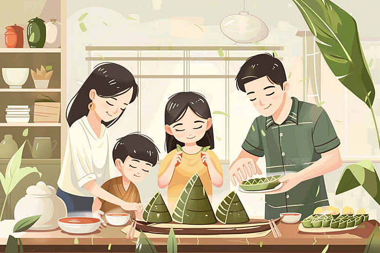 端午包粽子美食节日插画