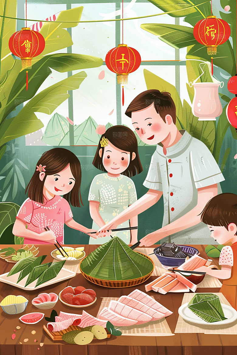端午包粽子美味温馨插画