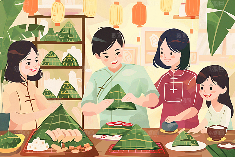 端午包粽子传统文化美味插画