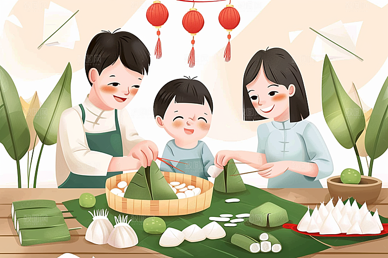 端午包粽子手绘传统文化插画