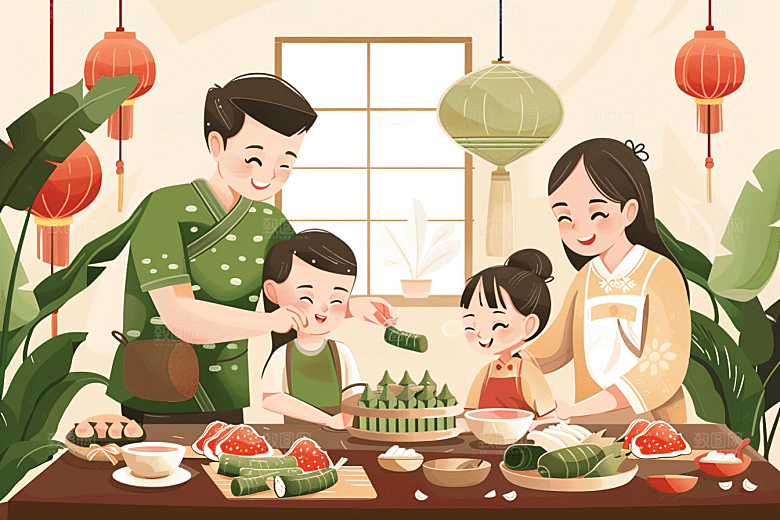 端午包粽子糯米粽叶插画