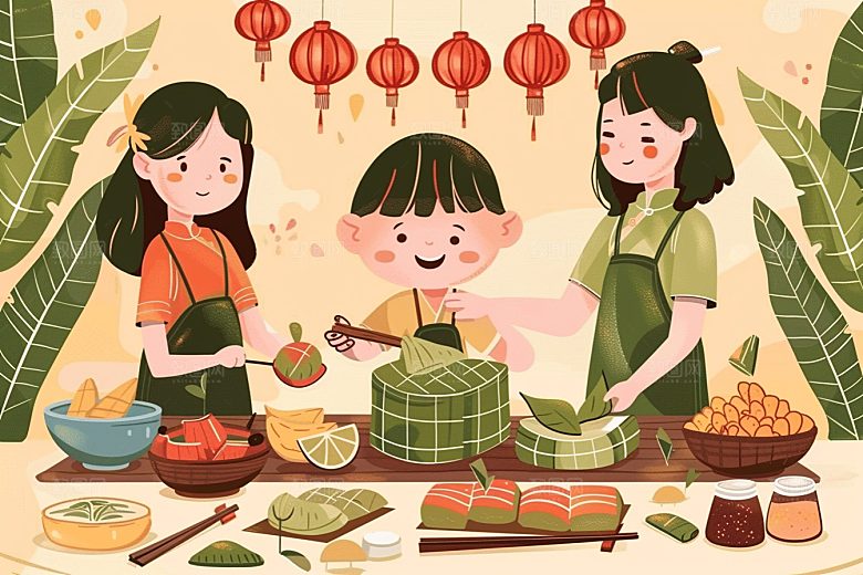 端午包粽子阖家团聚节日插画