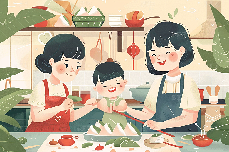 端午包粽子手绘美食插画