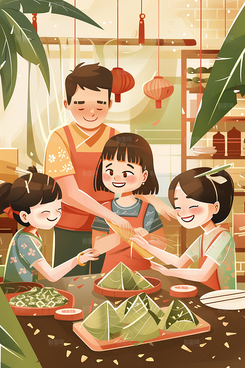 端午包粽子传统文化美味插画