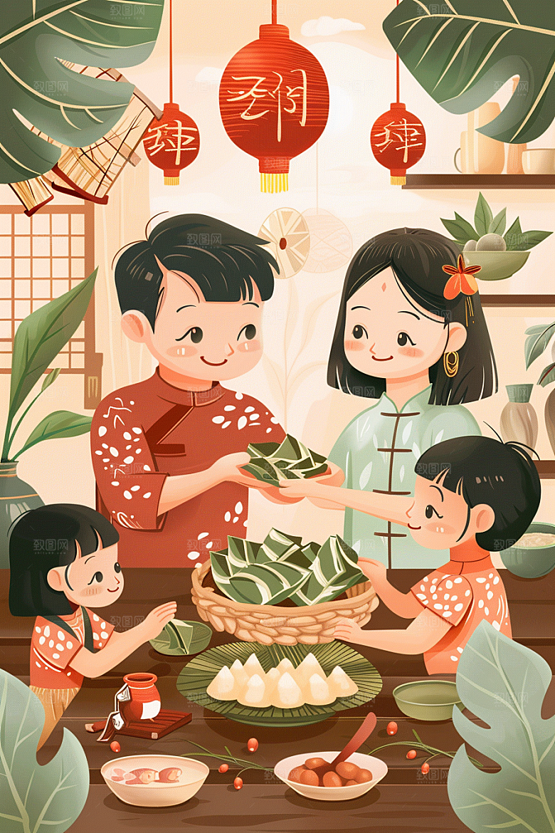 端午包粽子阖家团聚节日插画
