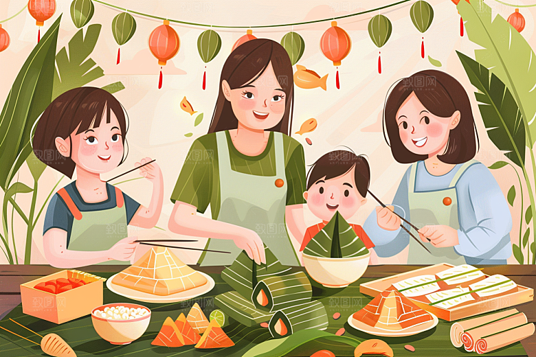 端午包粽子美味幸福插画