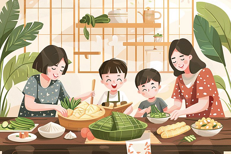 端午包粽子节日氛围手绘插画