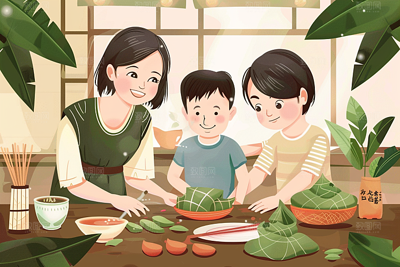 端午包粽子糯米美食插画