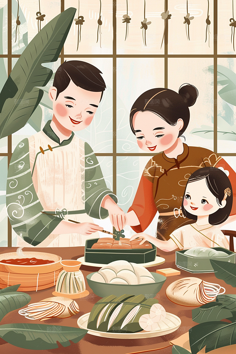端午包粽子小吃粽叶插画