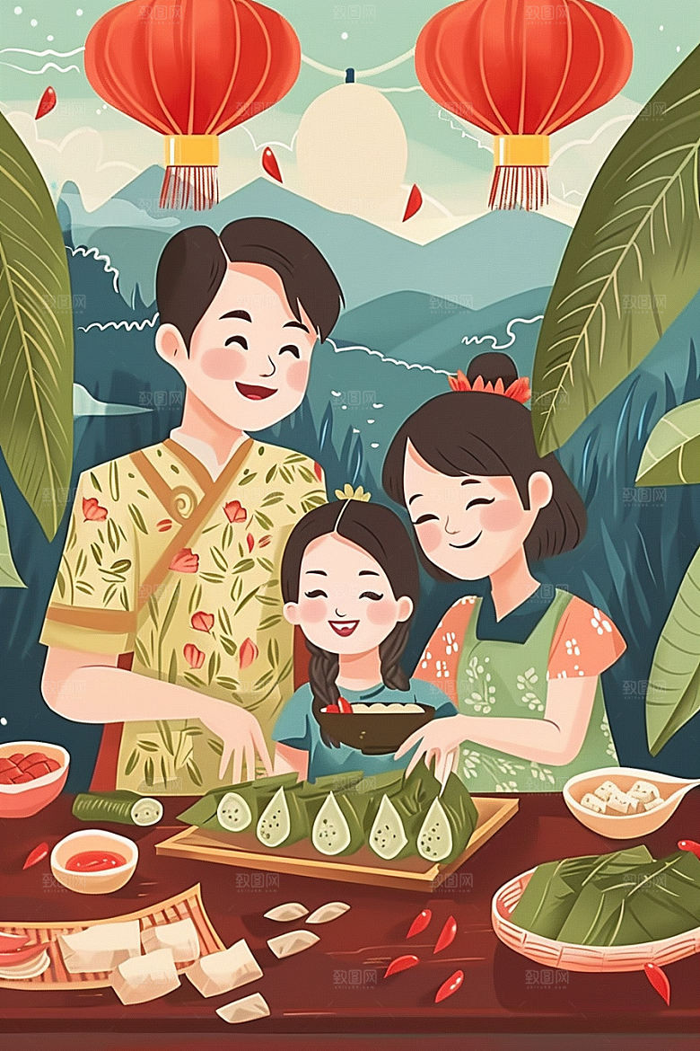 端午包粽子温馨传统文化插画