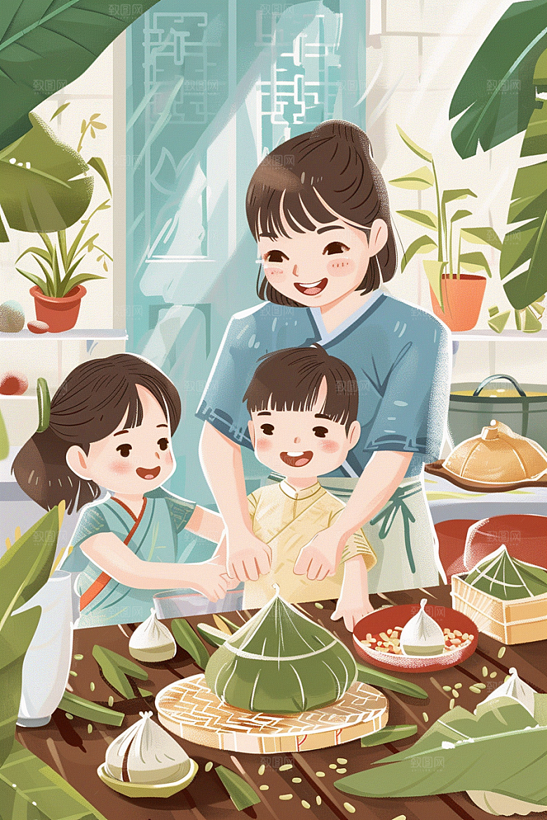 端午包粽子美味节日插画