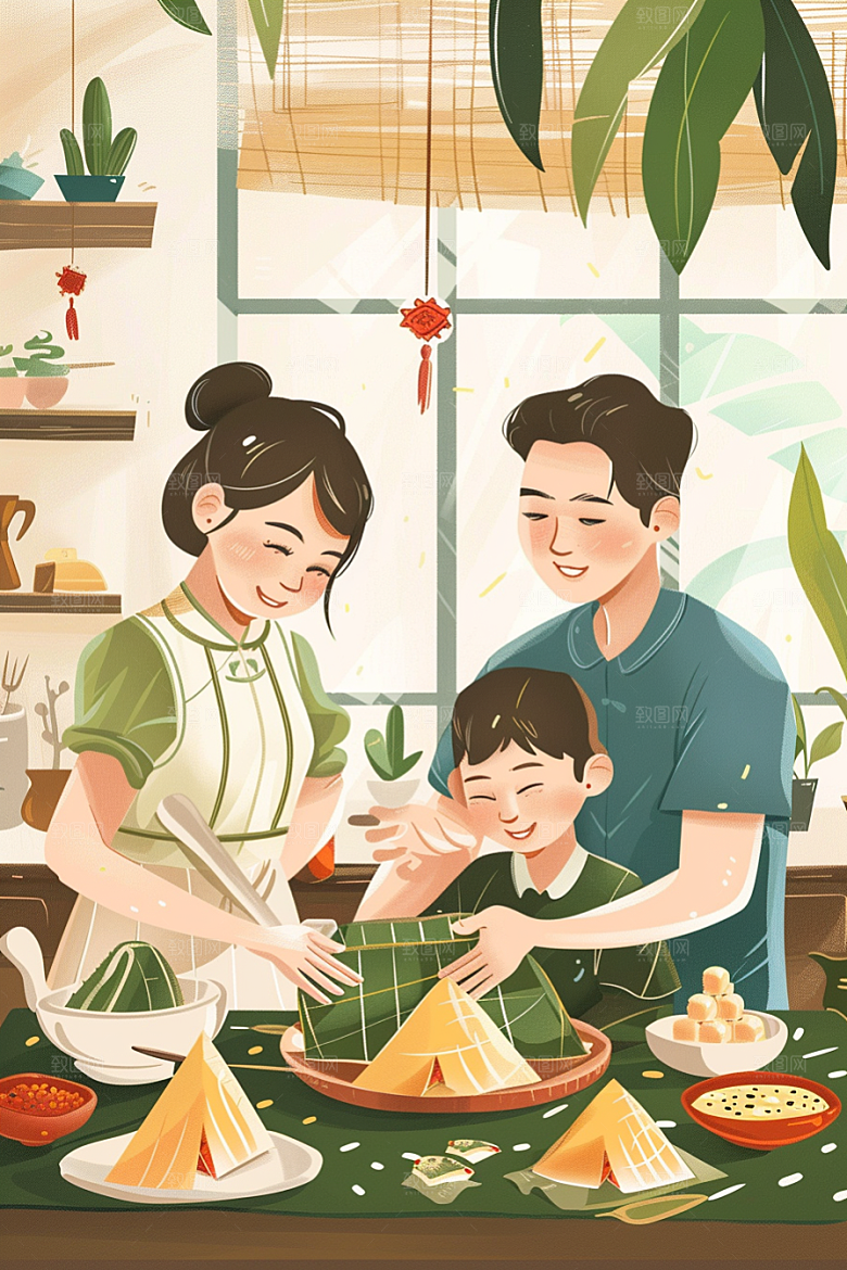 端午包粽子阖家团聚端午节插画