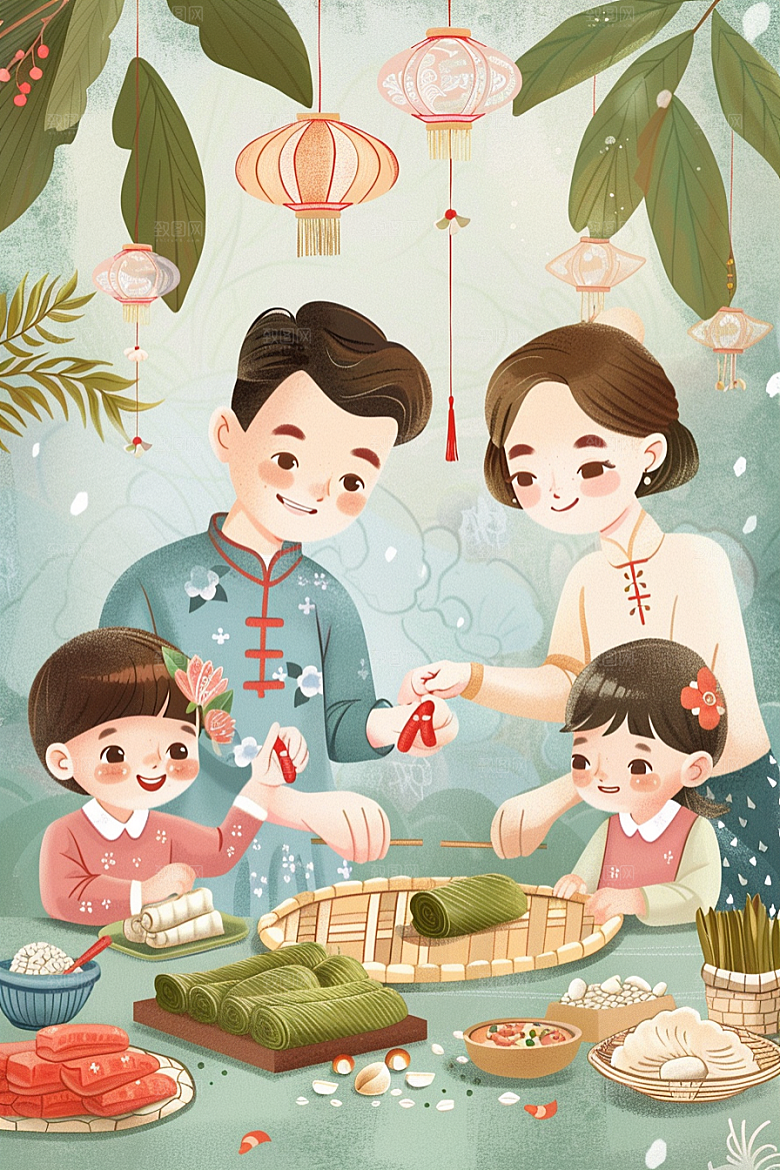 端午包粽子美食节日氛围插画