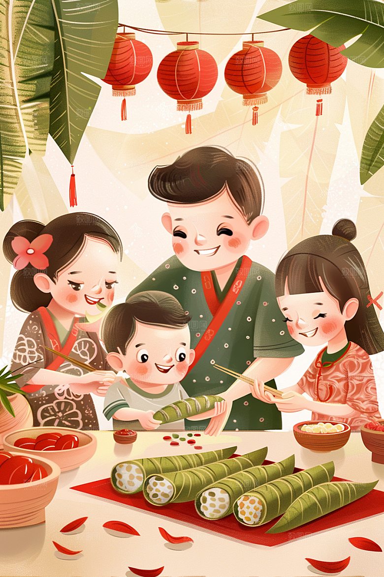 端午包粽子美味阖家团聚插画
