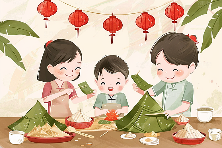 端午包粽子高清小吃插画