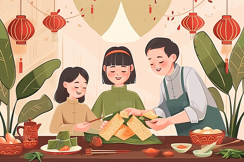 端午包粽子手绘节日插画