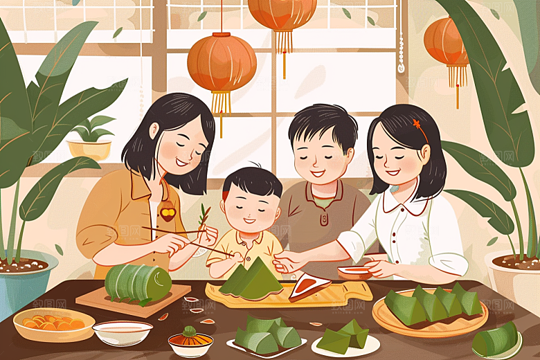 端午包粽子手绘美味插画