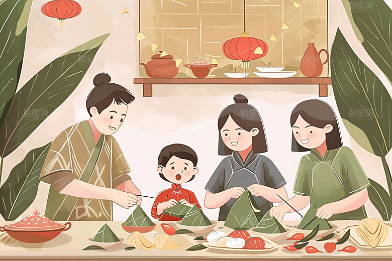 端午包粽子幸福习俗插画