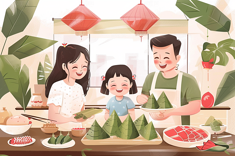 端午包粽子阖家团聚温馨插画
