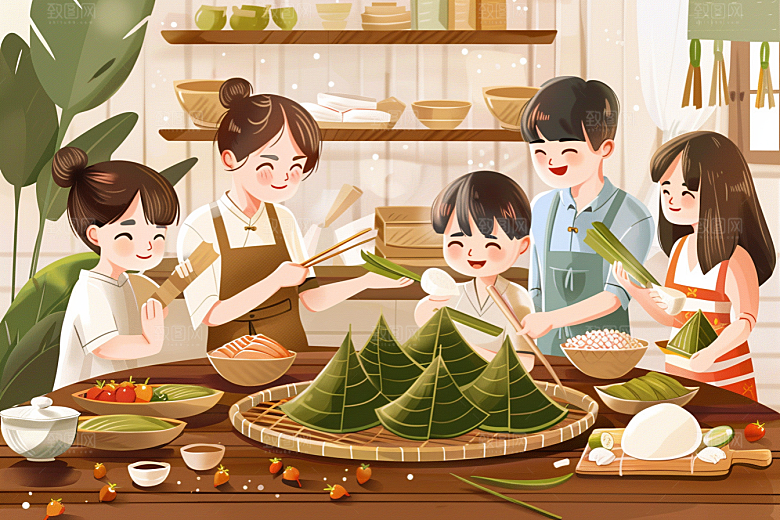 端午包粽子习俗节日氛围插画