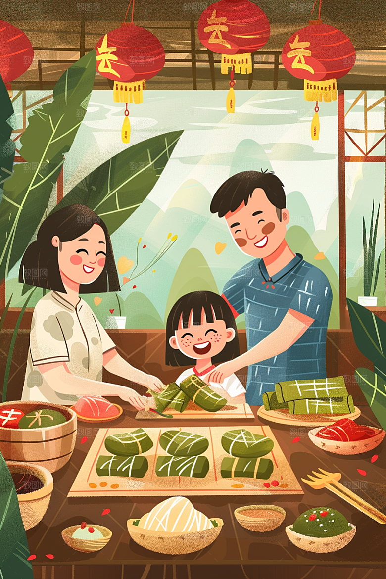 端午包粽子端午节传统文化插画