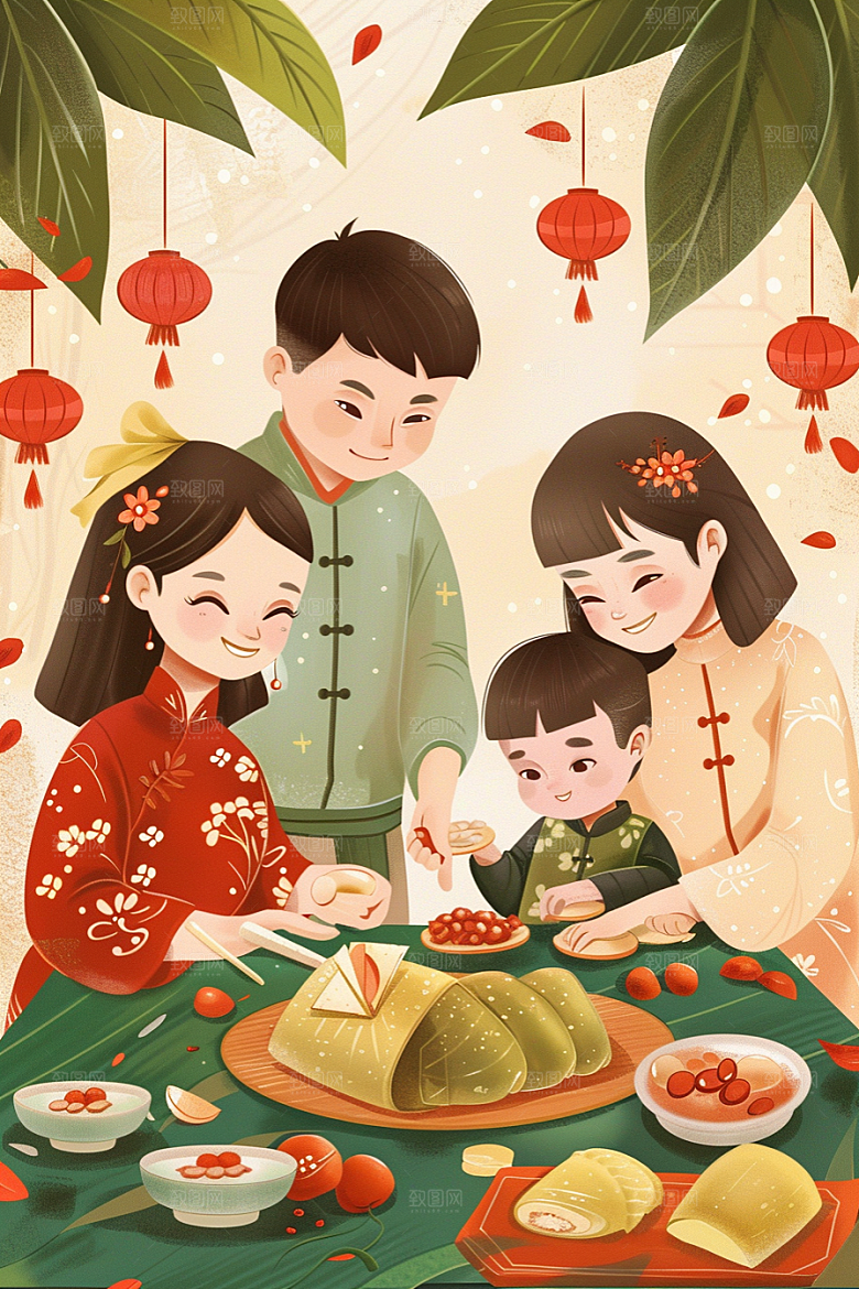 端午包粽子阖家团聚端午节插画