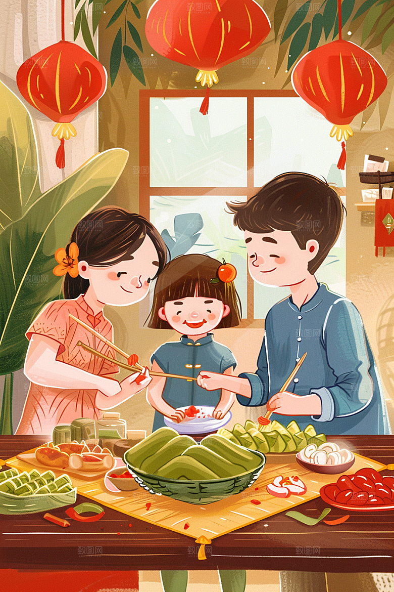 端午包粽子传统文化美食插画