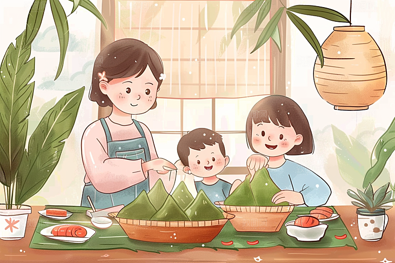 端午包粽子幸福小吃插画