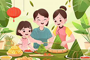 端午包粽子幸福节日氛围插画