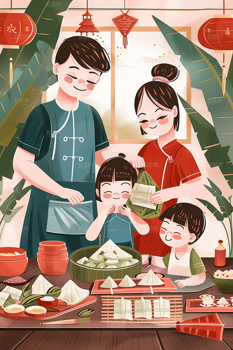 端午包粽子传统文化手绘插画
