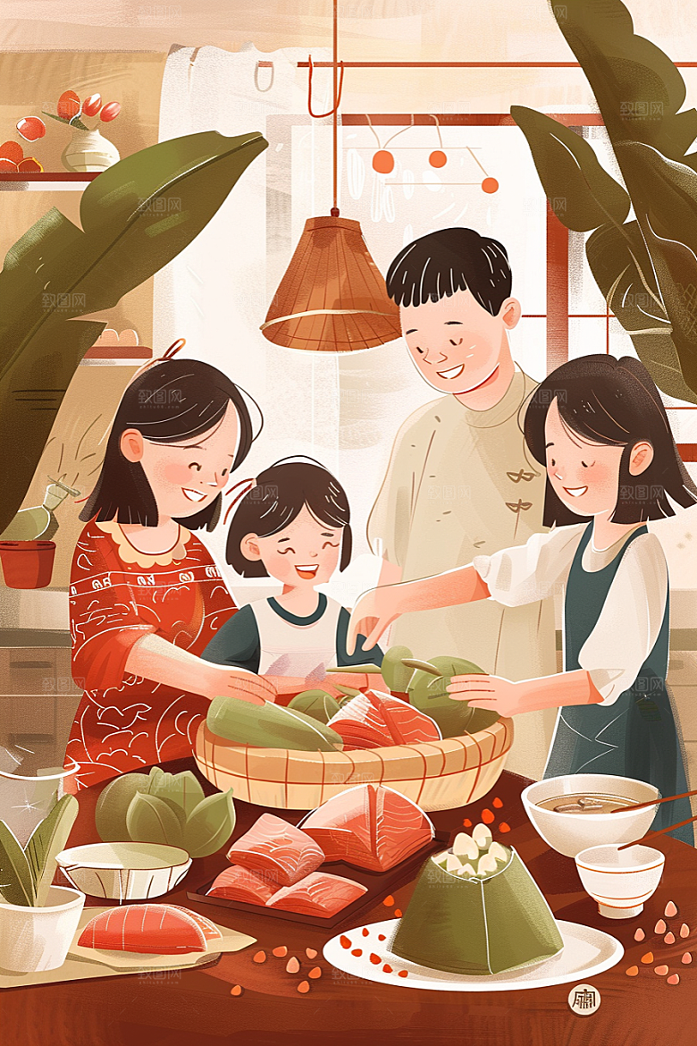 端午包粽子习俗温馨插画