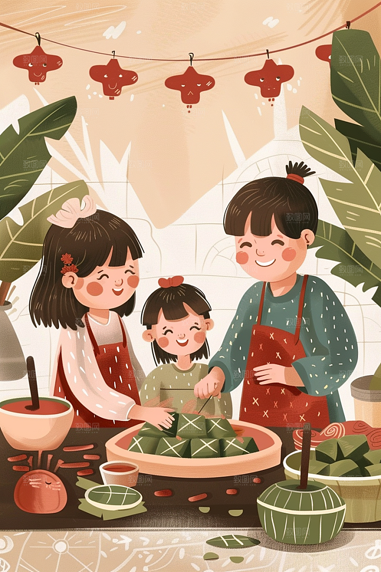 端午包粽子节日氛围糯米插画