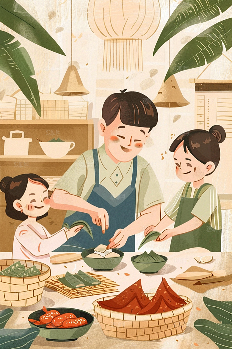 端午包粽子手绘小吃插画