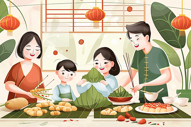 端午包粽子美食习俗插画
