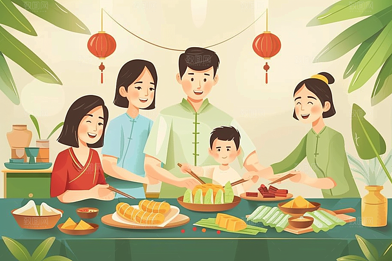端午包粽子高清温馨插画