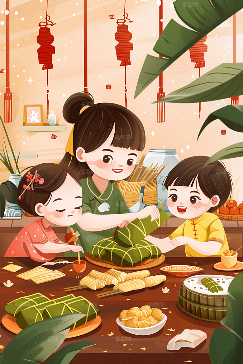 端午包粽子习俗节日氛围插画