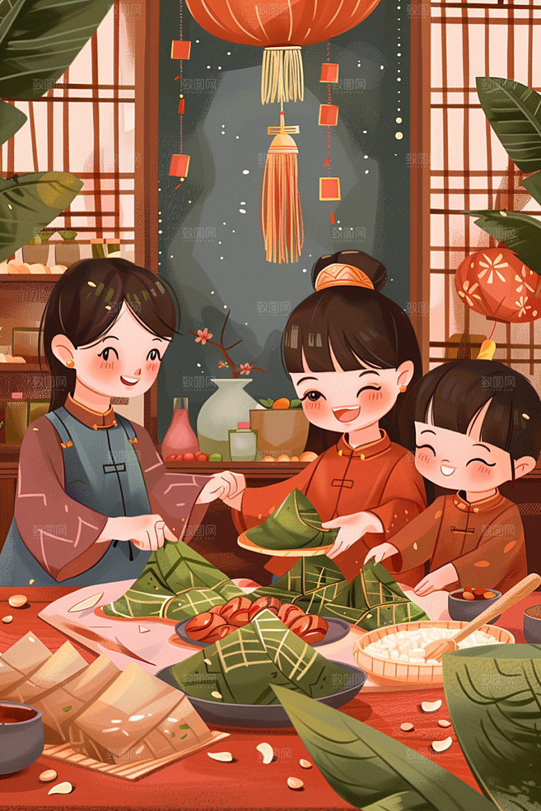 端午包粽子端午节传统文化插画