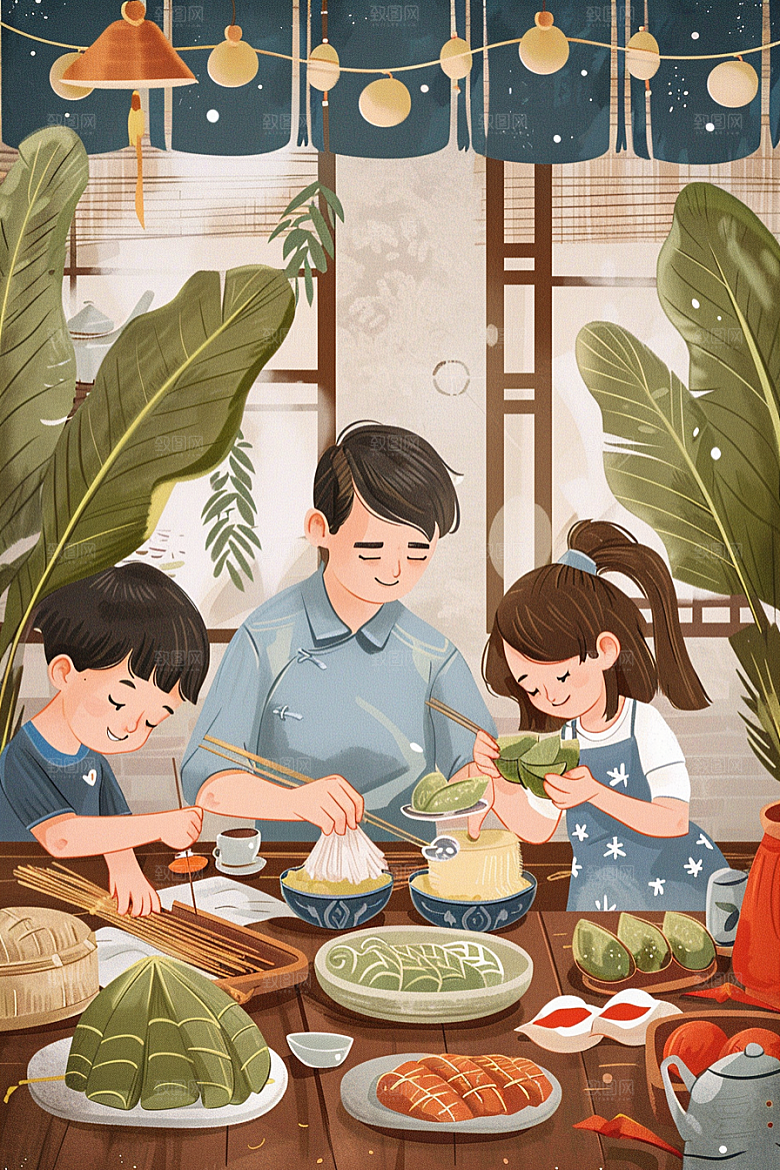 端午包粽子美味节日插画