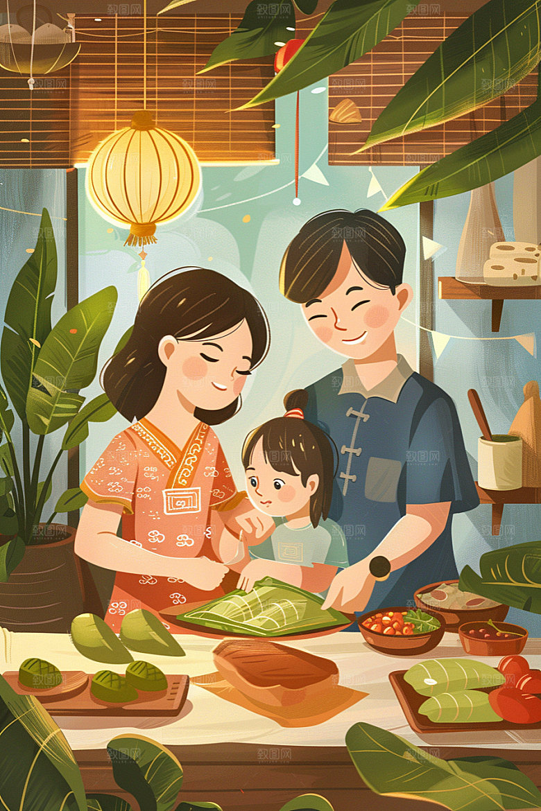端午包粽子端午节幸福插画