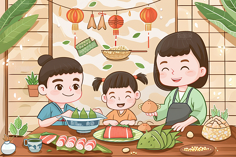 端午包粽子节日美食插画